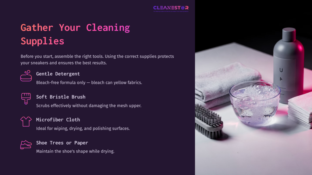 A Cleaning Supplies List For White Nike Air Max 270, Featuring A Detergent Bottle, Soft Brush, Microfiber Cloth, And A Bowl Of Water On A Dark Background.