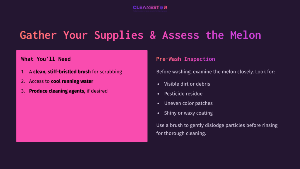 Supplies List For Cleaning A Cantaloupe, Featuring A Pink Box With Items Needed, Including A Brush And Running Water, On A Dark Background.