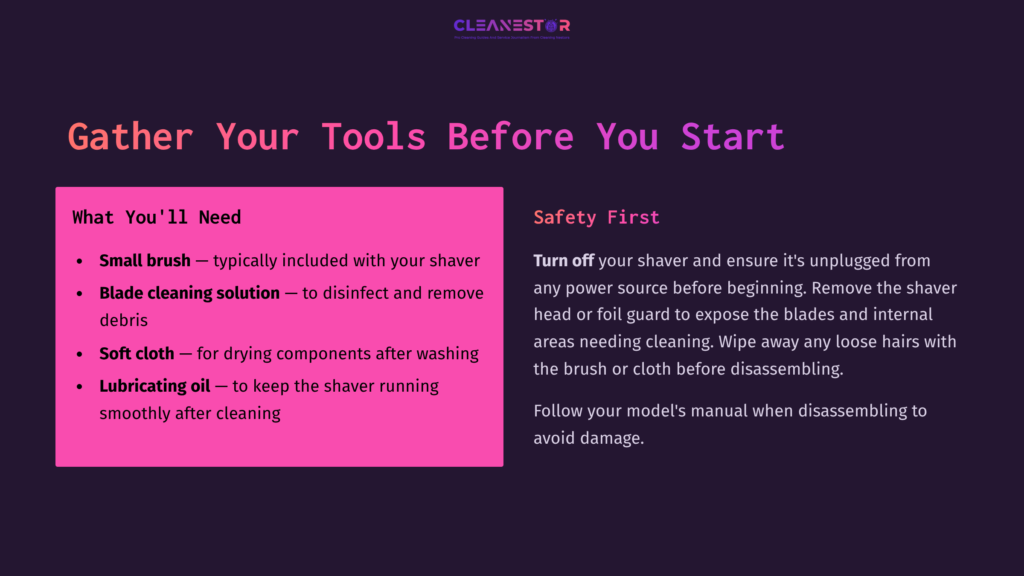 Instructions For Cleaning An Andis Foil Shaver, Listing Needed Tools And Safety Precautions On A Two-Tone Purple Background.