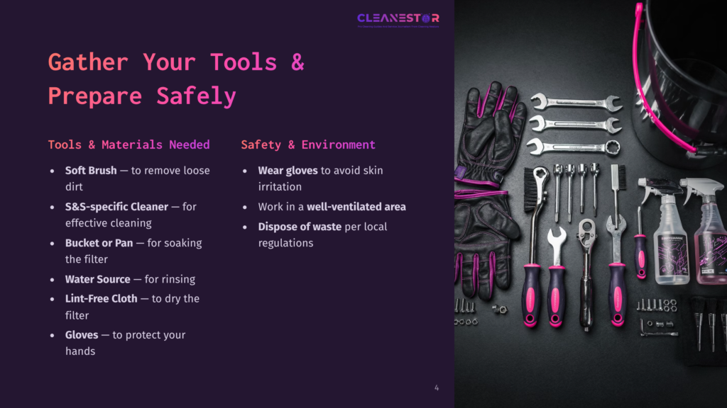 A Collection Of Cleaning Tools Includes A Soft Brush, S&Amp;S-Specific Pan, Water Source, Lint-Free Cloth, And Safety Gloves, Arranged On A Dark Background With Pink Accents.