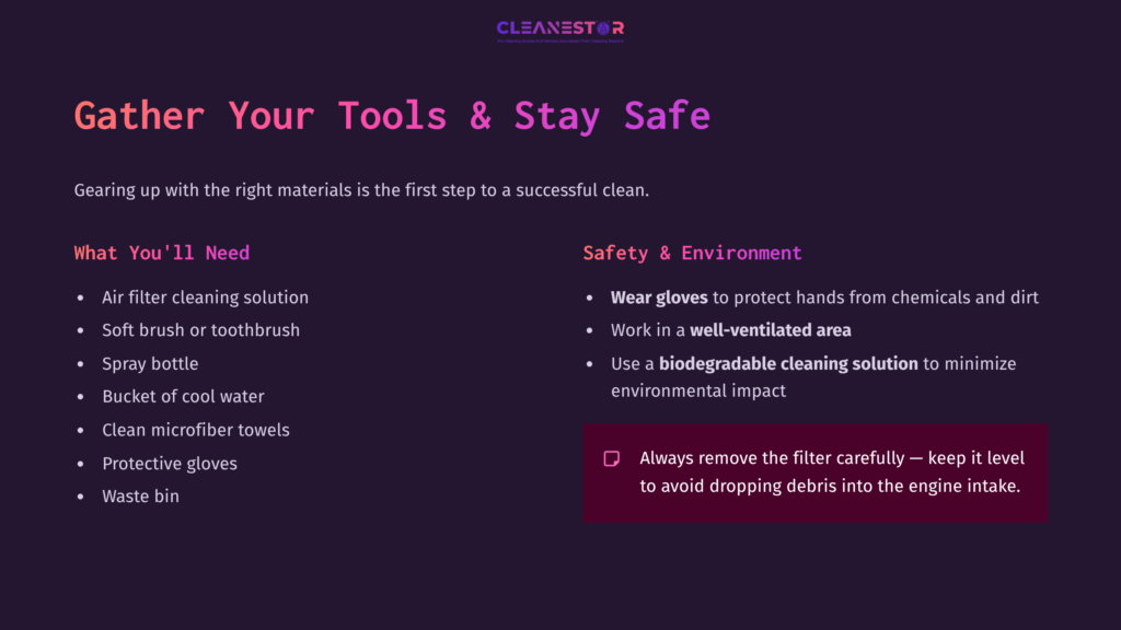 4 Gather Your Tools And Stay Safe Tools And Safety Tips For Cleaning A Reusable Car Air Filter, Featuring A Checklist With Colorful Headings And Supportive Icons.
