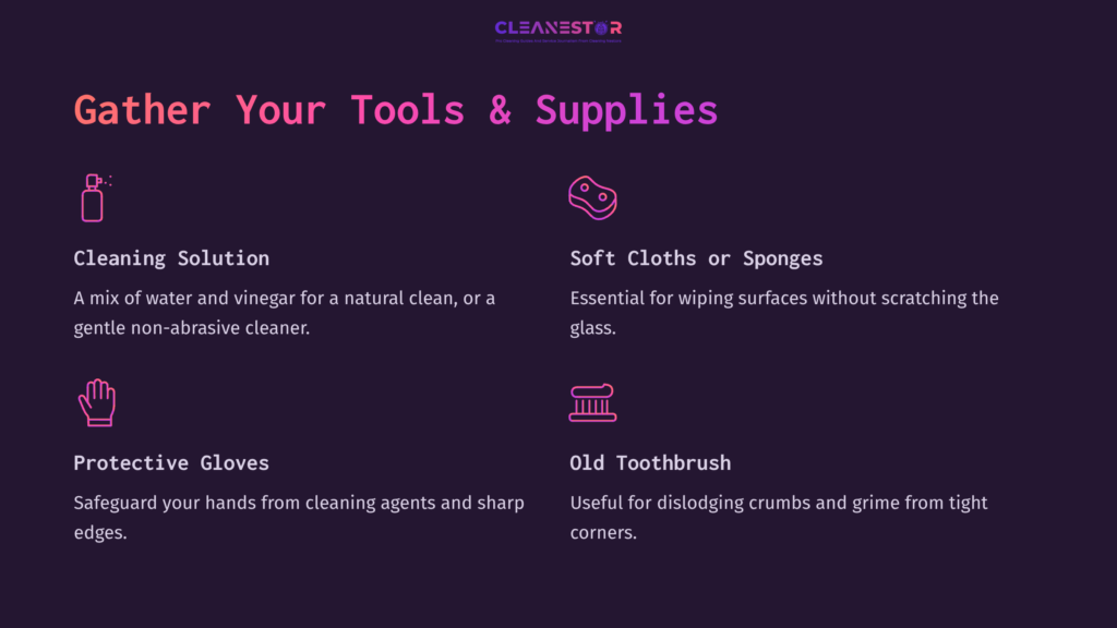 Checklist Featuring Cleaning Supplies And Tools: Cleaning Solution, Cloths, Gloves, And Toothbrush, On A Dark Purple Background.