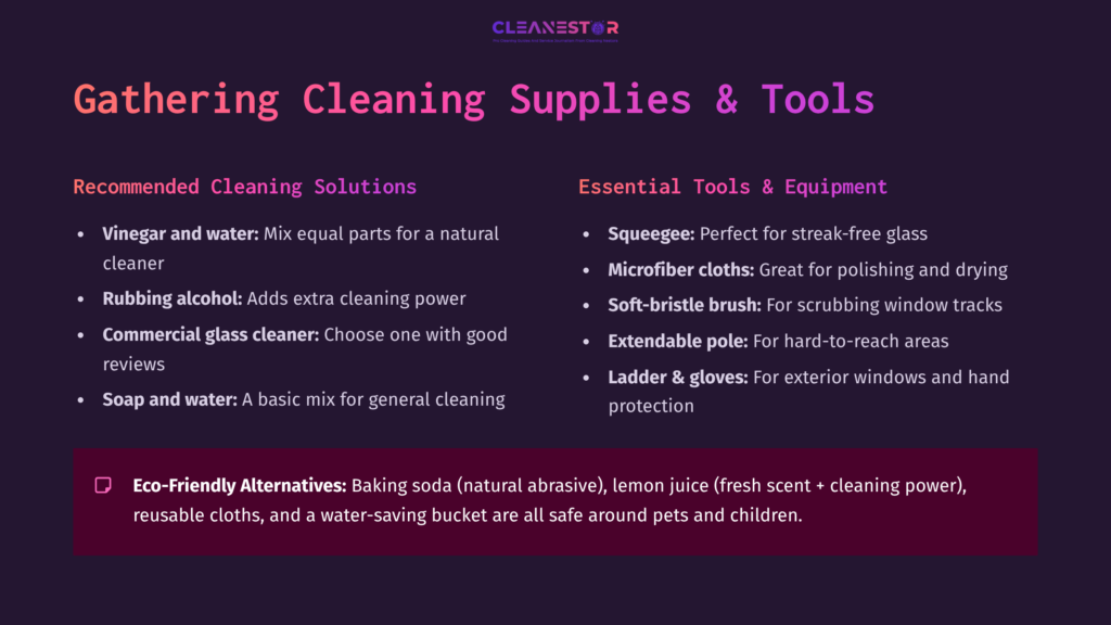 Collection Of Cleaning Supplies And Tools, Including Vinegar, Rubbing Alcohol, Squeegee, Microfiber Cloths, And Eco-Friendly Alternatives.