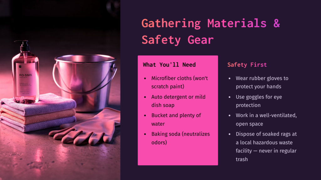 Safety Gear And Cleaning Supplies For Removing Gasoline From Car Paint, Including A Bottle, Bucket, And Safety Instructions In Vibrant Colors.