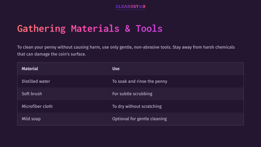 4 Gathering Materials And Tools Table Listing Materials And Tools For Cleaning A 1901 Indian Head Penny, Including Distilled Water, Soft Brush, Microfiber Cloth, And Mild Soap.