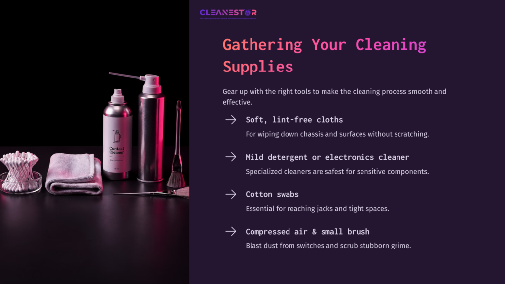 Cleaning Supplies For Guitar Pedals: Soft Cloths, Electronics Cleaner, Cotton Swabs, And A Can Of Compressed Air Against A Purple Background.