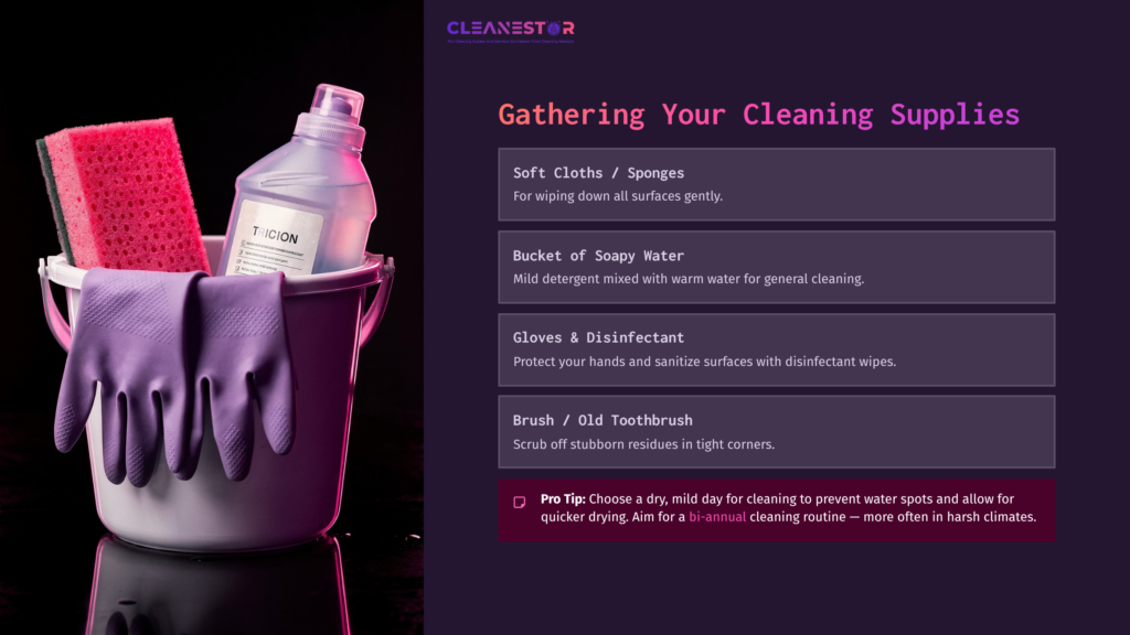 A Purple Bucket With Cleaning Supplies: A Bottle Of Detergent, Sponge, Gloves, And Brush, Set Against A Dark Background.