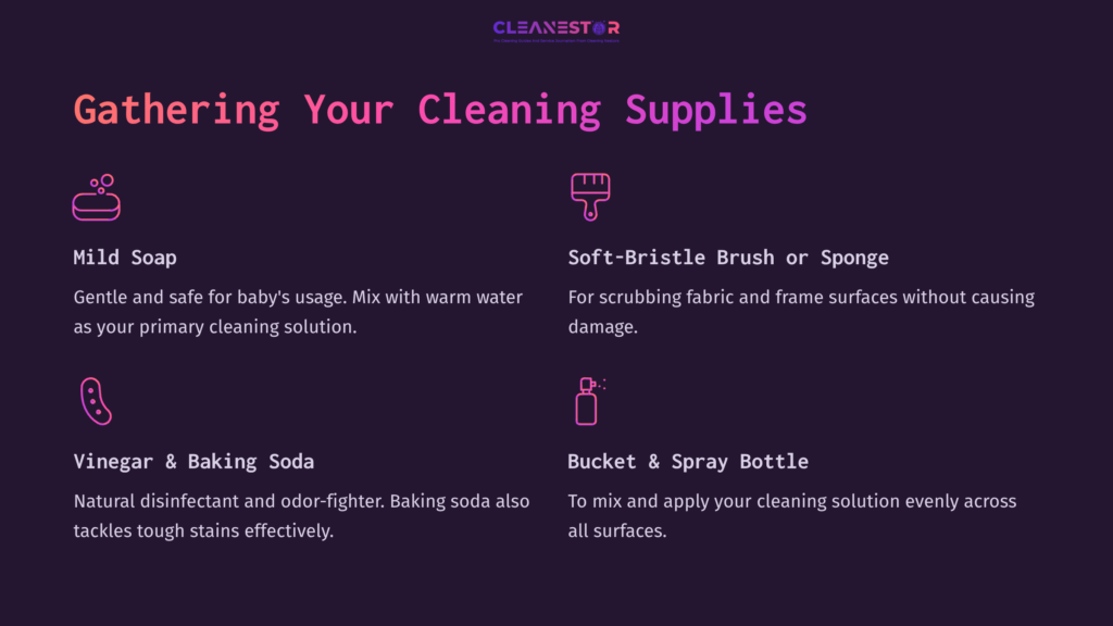List Of Cleaning Supplies For A Pack 'N Play: Mild Soap, Soft-Bristle Brush, Vinegar, Baking Soda, Bucket, And Spray Bottle On A Dark Background.