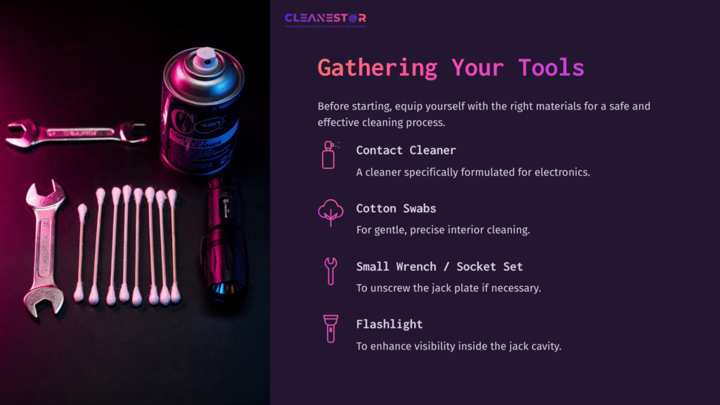 A Collection Of Tools For Cleaning A Guitar Output Jack, Including A Spray Can, Cotton Swabs, Wrenches, And A Flashlight, On A Gradient Background.