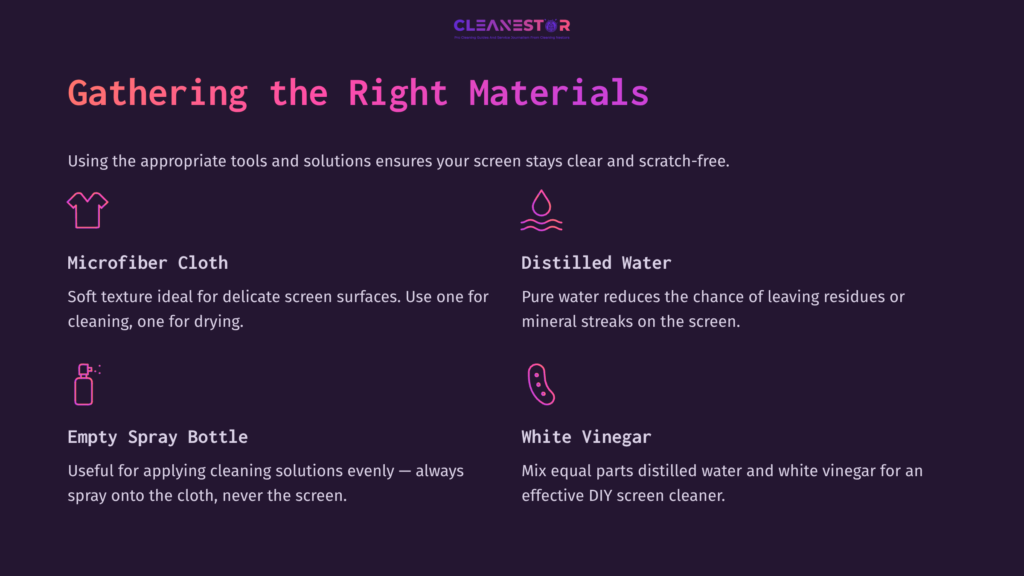 Instructions On Cleaning A Matte Monitor, Featuring Icons For A Microfiber Cloth, Distilled Water, An Empty Spray Bottle, And White Vinegar, With Vibrant Text.