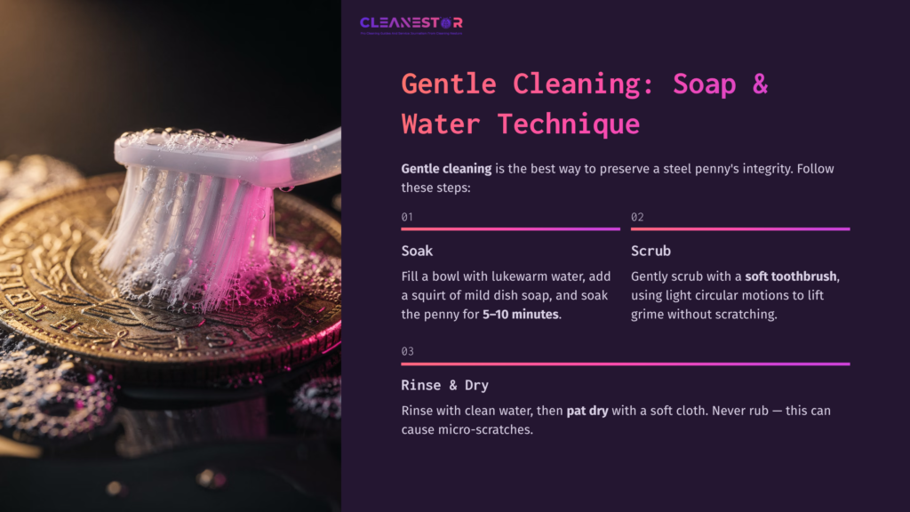 A Steel Penny Resting On A Purple Surface, Being Scrubbed With A Soft Toothbrush Under Running Water, With Cleaning Steps Listed.