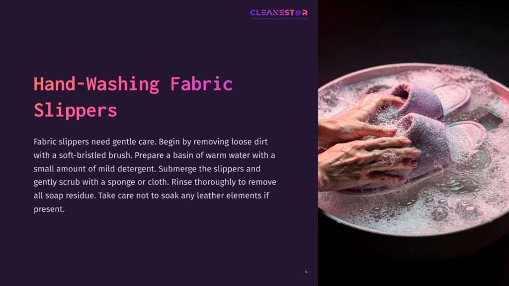 A Hand Scrubbing A Pink Slipper In A Bowl Of Soapy Water With Bubbles, On A Dark Background With Helpful Cleaning Text.