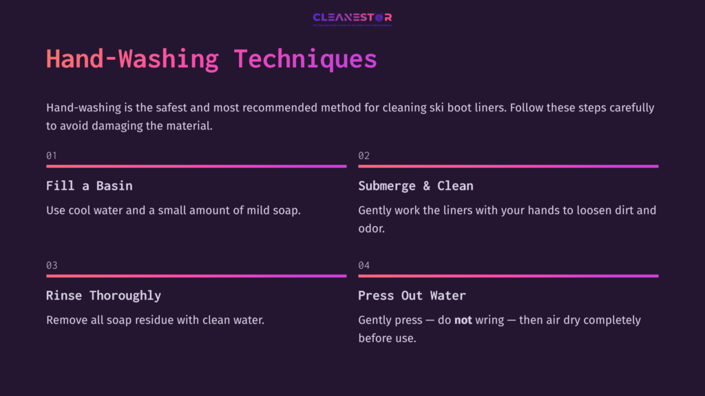 Instructions For Hand-Washing Ski Boot Liners, With Numbered Steps, Featuring A Dark Background And Vibrant Pink And White Text.