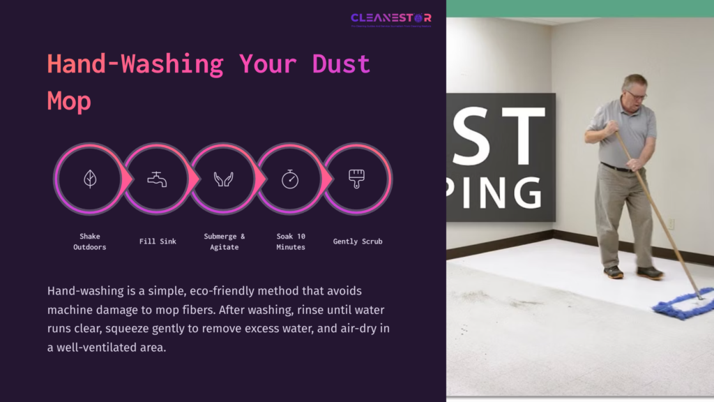 Person In A Light Gray Shirt Cleaning A Floor With A Blue Dust Mop, Accompanied By Step-By-Step Washing Instructions In Dark Purple And White.