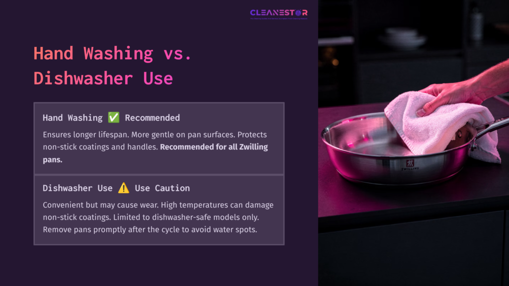 4 Hand Washing Vs Dishwasher Use A Person Wiping A Shiny Zwilling Pan, With A Contrasting Purple Background. Text Highlights Recommendations For Hand Washing And Dishwasher Use.