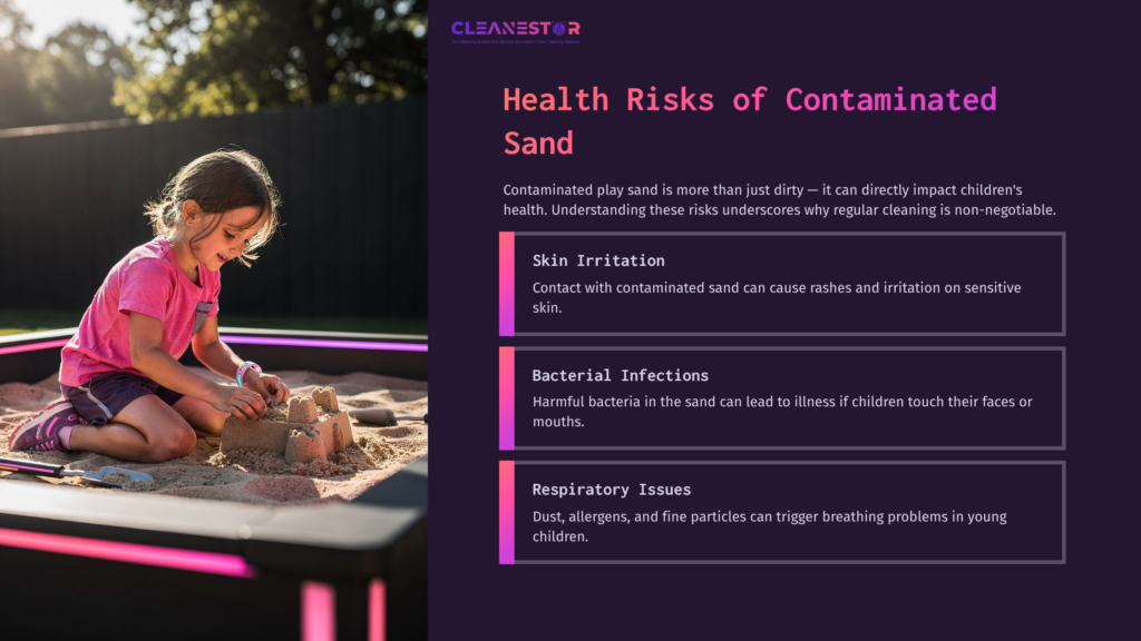 A Child Plays With A Sandcastle In A Sandbox, Surrounded By Pink And Purple Accents, Highlighting Health Risks Of Contaminated Sand.