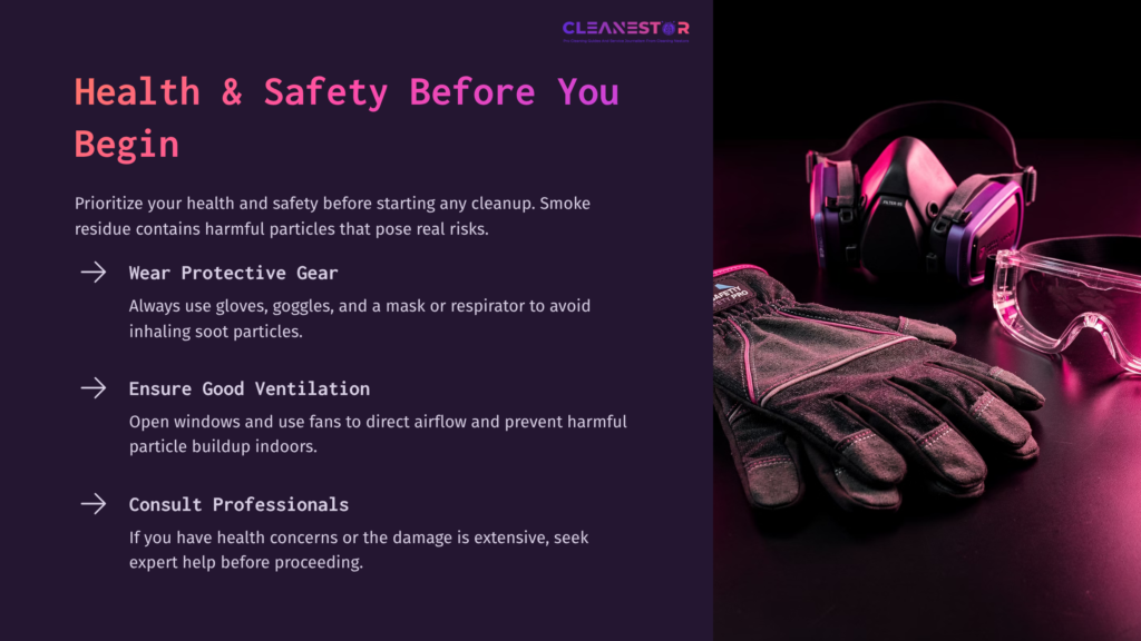 Purple Background Featuring Gloves And A Respirator, Emphasizing Safety Precautions For Cleaning Smoke-Damaged Walls. Text Outlines Key Safety Tips.