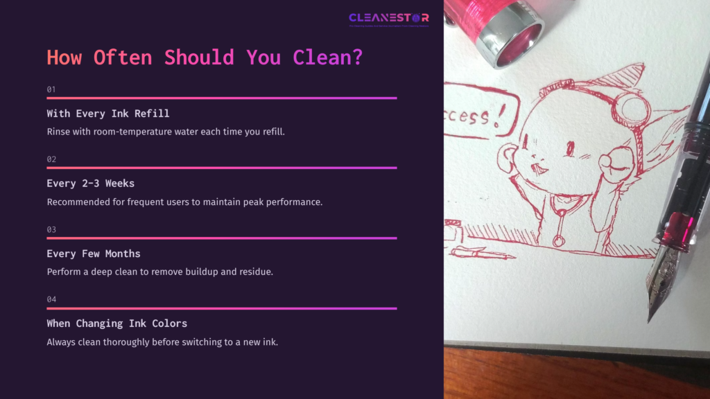 4 How Often Should You Clean Graphic Featuring A Pink And Purple Layout With Cleaning Tips For Twsbi Eco, Accompanied By A Playful Doodle Of A Smiling Character.