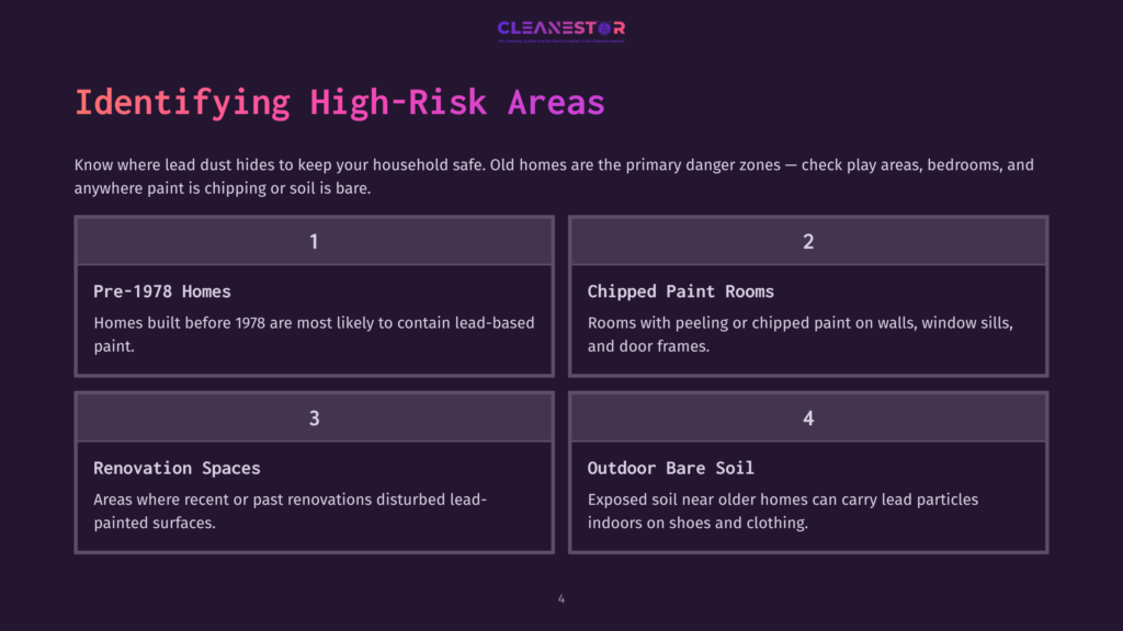 Four Numbered Sections Highlight High-Risk Areas For Lead Dust: Chipped Paint Rooms, Outdoor Bare Soil, Renovation Spaces, And Homes Built Before 1978. Background Features Soft Purple Tones.