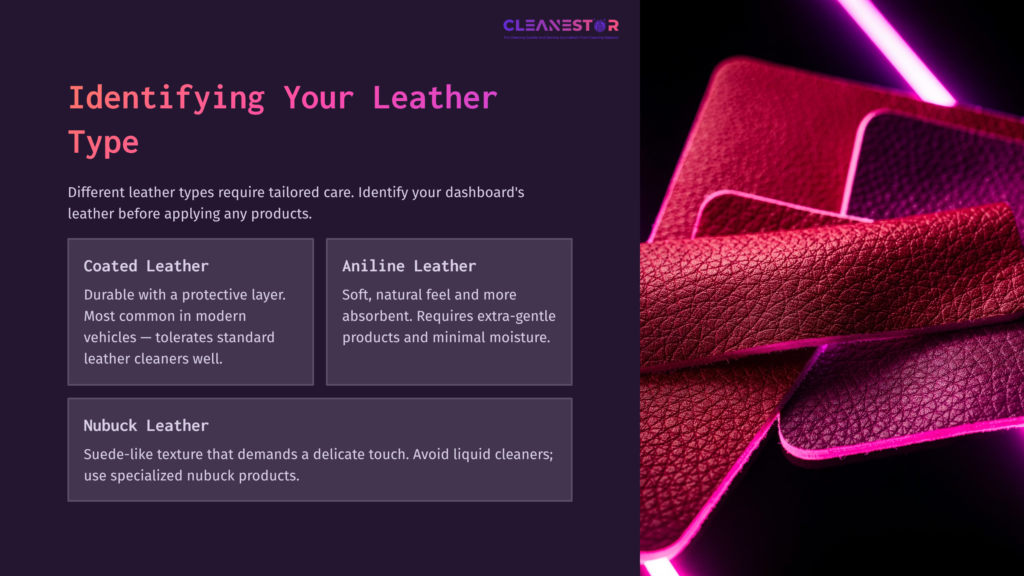 Colorful Leather Samples In Shades Of Pink And Purple Showcase Different Types Of Leather With Care Guidelines In White Text Boxes.