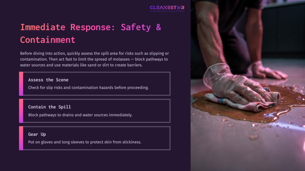 A Person In Gloves Is Cleaning Up A Sticky Molasses Spill On A Dark Surface, With Text On Safety And Containment Steps Nearby.