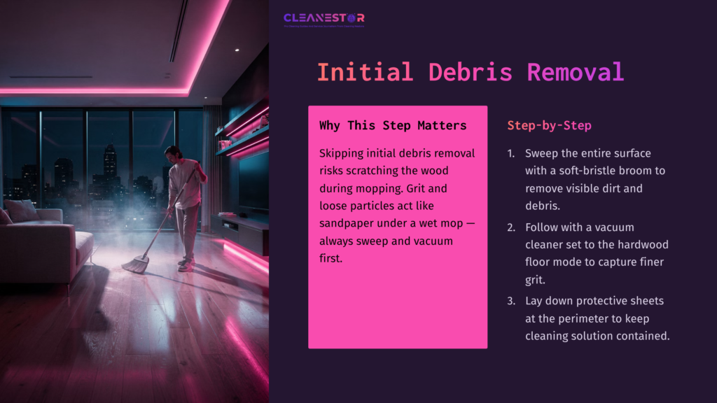 A Person Using A Soft-Bristle Broom On Hardwood Floors, Surrounded By A Modern Room With Large Windows And City Views At Night.