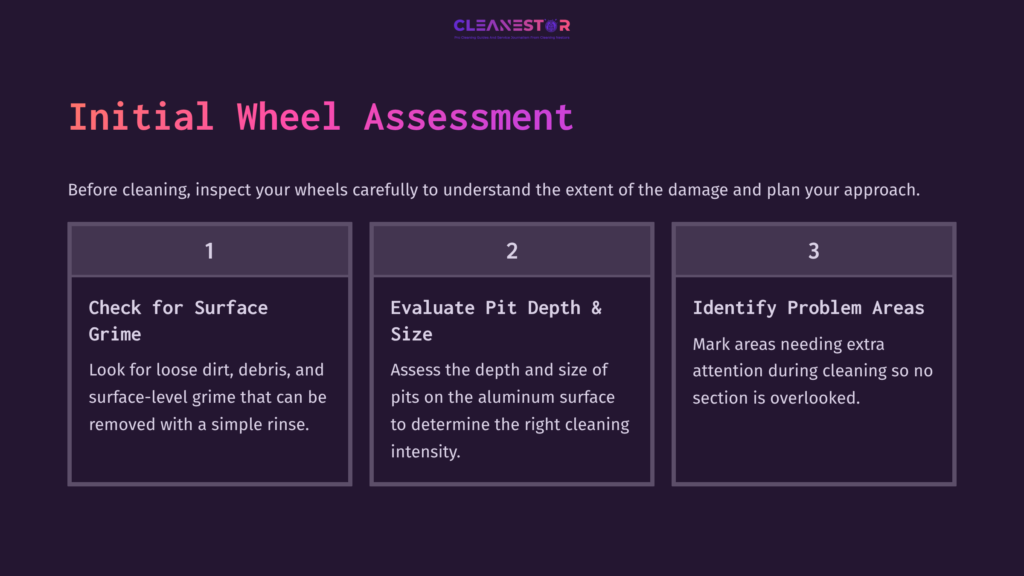 Purple Background With White Text Outlining Three Steps For Cleaning Pitted Aluminum Wheels: Assessing Surface, Evaluating Pit Size, And Identifying Problem Areas.