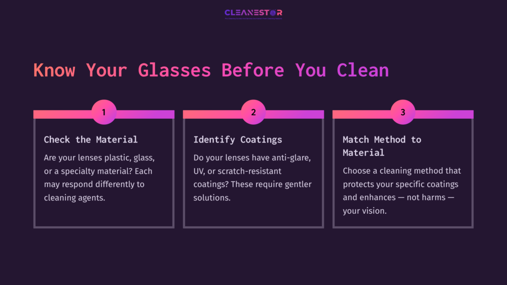 Three Colorful Boxes On A Dark Purple Background Provide Cleaning Instructions For Glasses, Featuring Icons And Clear Headings.