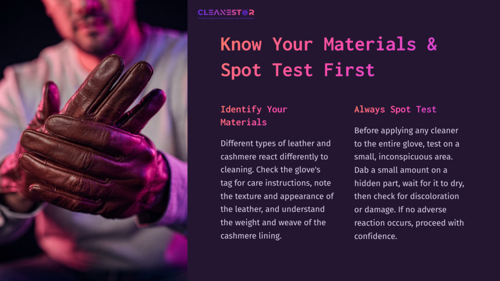 Close-Up Of A Hand Holding Brown Leather Gloves With A Cashmere Lining, Against A Purple And Pink Background. Text Provides Cleaning Tips.