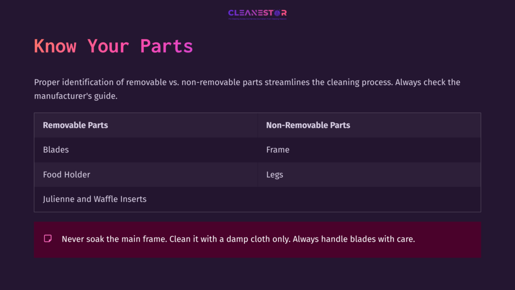 Table Comparing Removable And Non-Removable Parts Of A Pampered Chef Mandoline, Featuring Headings, Text, And A Cautionary Note In Red.