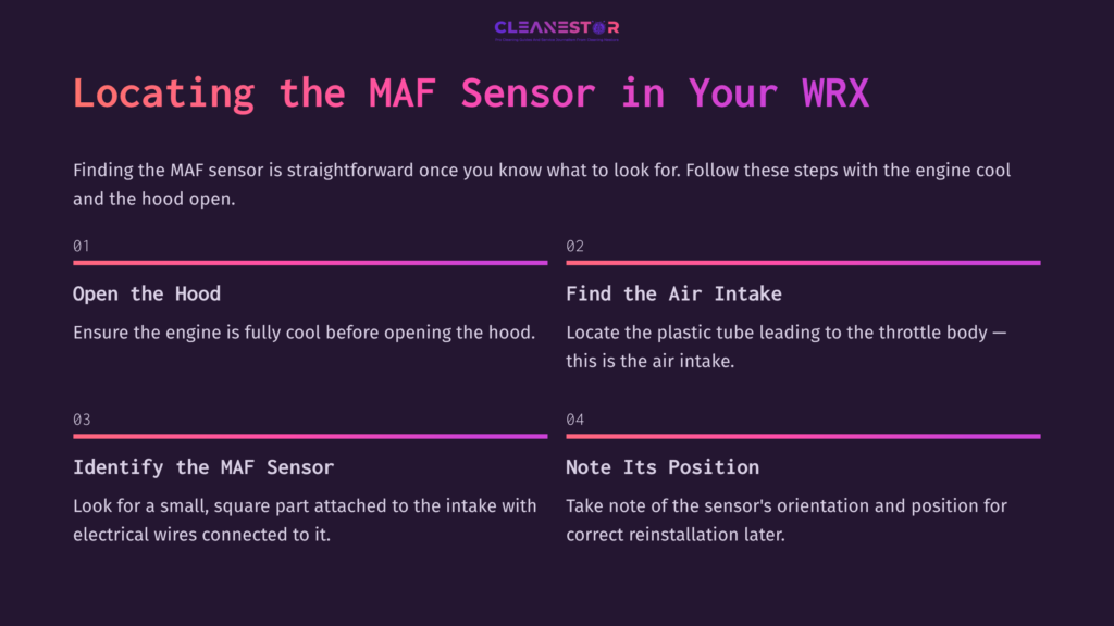 Instructions With Purple Background Outlining Steps To Locate The Maf Sensor, Featuring White Text And Numbered Sections For Clarity.
