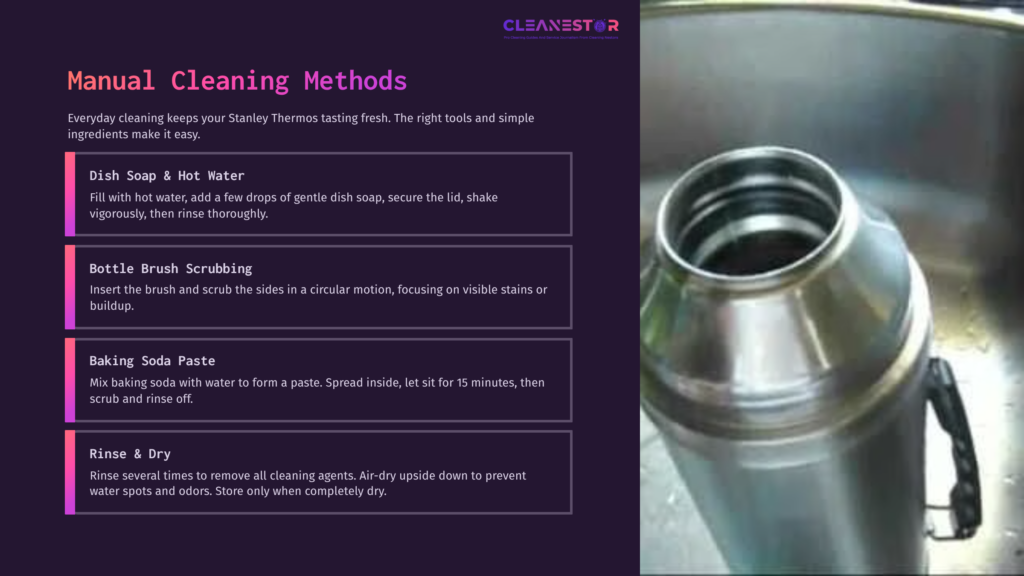 A Stainless Steel Stanley Thermos Open At The Top, With Cleaning Steps Listed Alongside, Including Soap, Scrubbing, And Rinsing Instructions.
