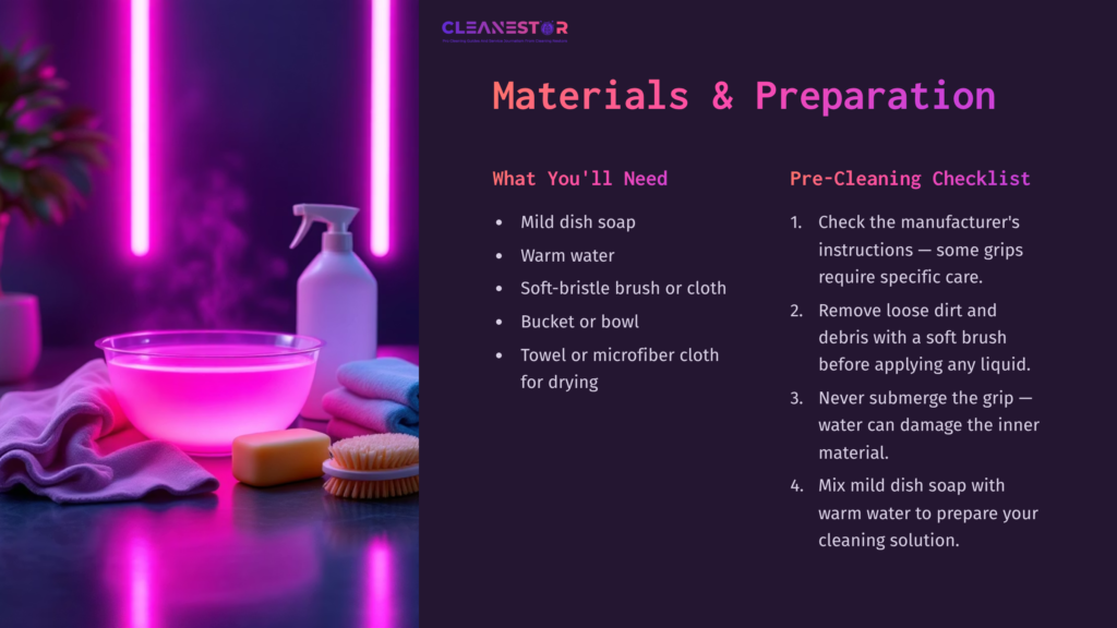 Materials And Preparation For Cleaning A Super Stroke Putter Grip. Includes Dish Soap, Warm Water, Brushes, Cloths, And A Checklist.