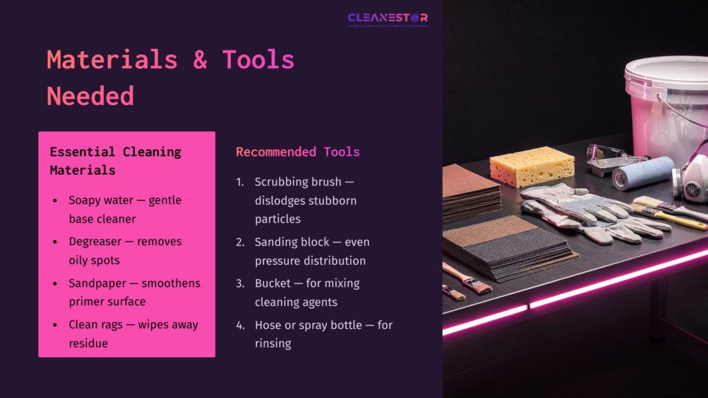 Visual Guide Displaying Essential Cleaning Materials Like Soapy Water, Degreaser, And Tools Such As A Scrubbing Brush And Sandpaper, Arranged Neatly.