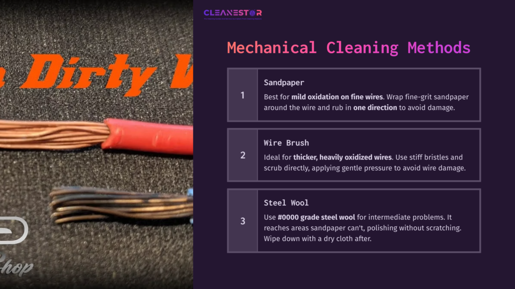 A Red Wire Brush And Sandpaper On A Dark Surface, With Orange Text Reading &Quot;Mechanical Cleaning Methods&Quot; Beside Numbered Cleaning Steps.