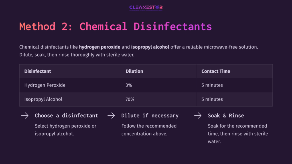 Chart Outlining Cleaning Method For Neilmed Sinus Rinse Bottle Using Chemical Disinfectants; Includes Dilution Ratios And Contact Times.