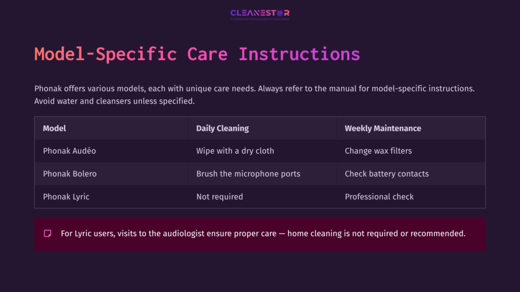 Table Detailing Cleaning And Maintenance Instructions For Various Phonak Hearing Aid Models, With Headings In Purple And White Text.