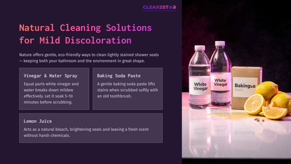 4 Natural Cleaning Solutions For Mild Discoloration Three Bottles Labeled &Quot;White Vinegar,&Quot; Along With A Box Of &Quot;Baking Soda,&Quot; Are Displayed On A Dark Purple Background. Text Outlines Natural Cleaning Solutions For Shower Door Seals.