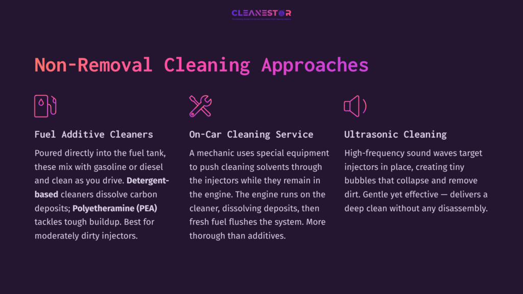 Graphic Featuring Three Cleaning Methods For Fuel Injectors: Fuel Additive Cleaners, On-Car Cleaning Service, And Ultrasonic Cleaning, In Purple And White Text.