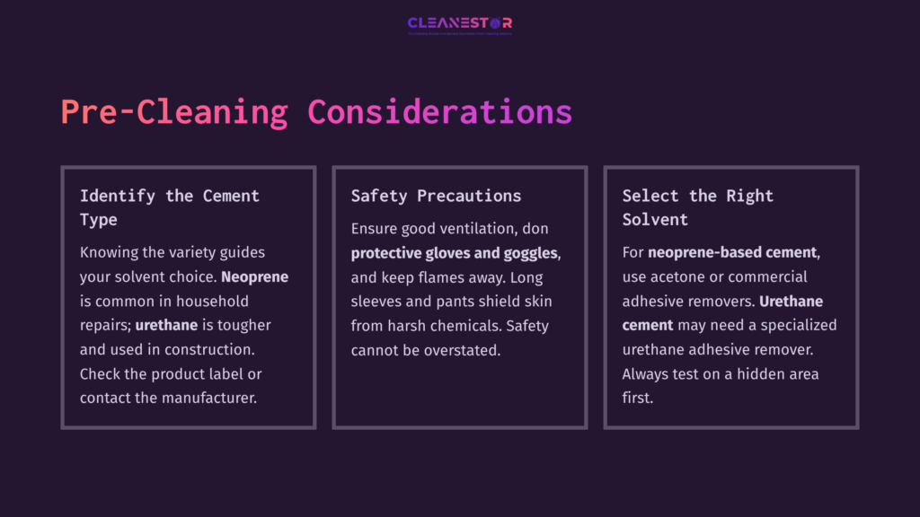 Text On A Dark Background Outlines Pre-Cleaning Considerations: Identifying Cement Type, Safety Precautions, And Selecting A Solvent.