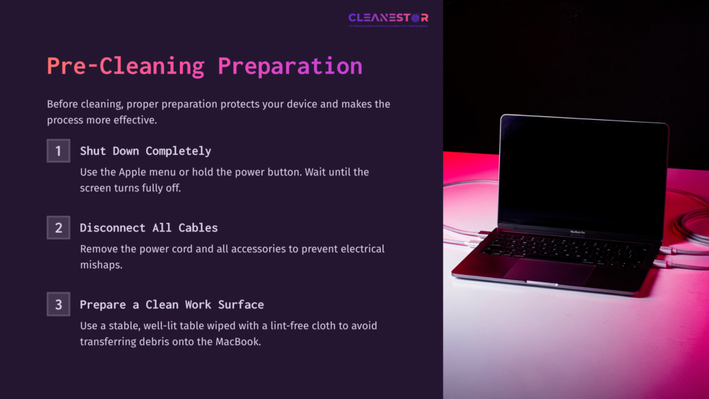 A Sleek Black Macbook Pro On A Clean White Surface, With Vibrant Purple And Pink Lighting, Alongside Cleaning Preparation Steps.