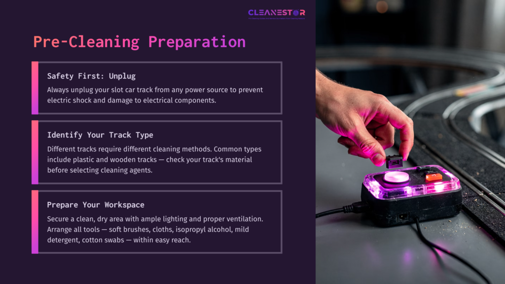 4 Pre Cleaning Preparation 2 A Person Holding A Slot Car Track Power Adapter With A Purple Led, Surrounded By Prep Safety Tips And Workspace Setup Instructions.