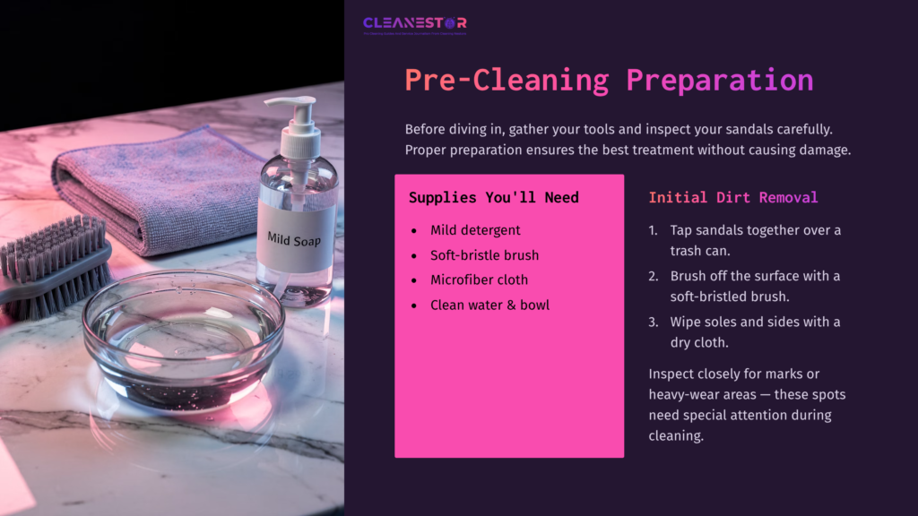 Pre-Cleaning Supplies For Gucci Rubber Sandals: A Bowl Of Water, Mild Soap, A Microfiber Cloth, And A Soft-Bristled Brush On A Towel.