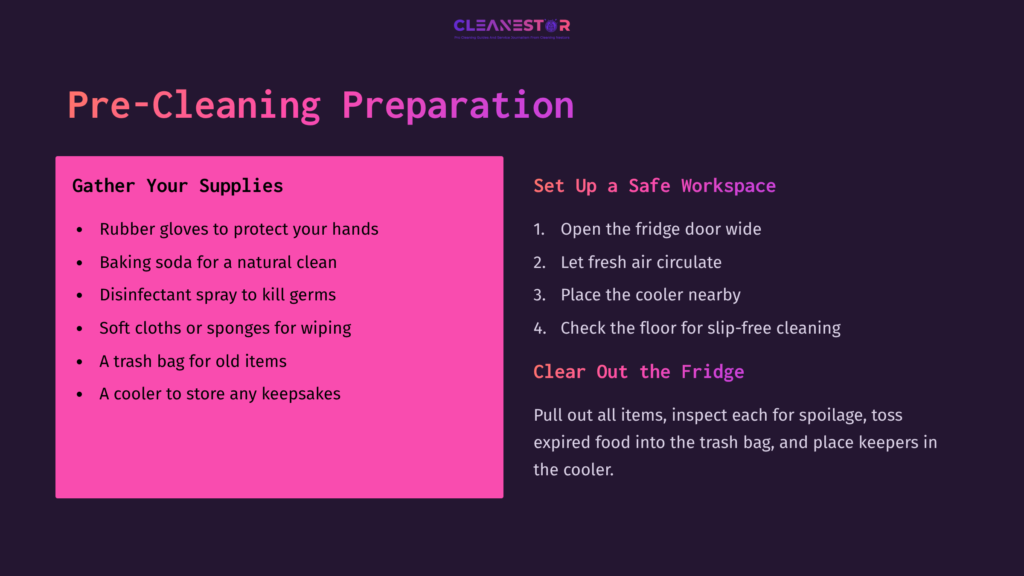 Instructions For Cleaning A Fridge, Featuring Bright Pink And Purple Text On A Dark Background, With Bullet Points For Supplies And Steps.