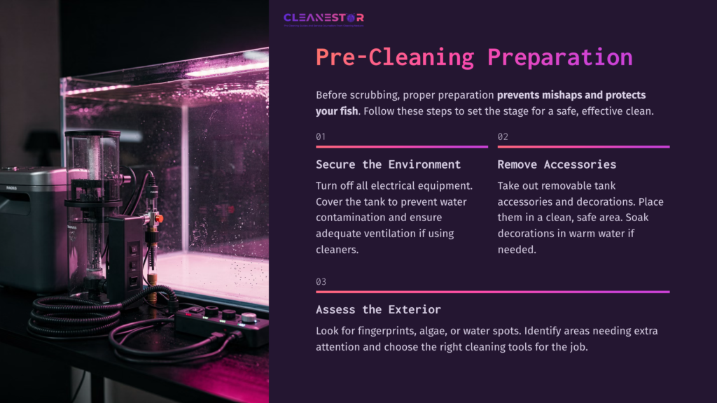 A Fish Tank Setup With A Cleaning Station, Showcasing A Filter, Spray Bottle, And Tools Against A Glowing Pink Background.