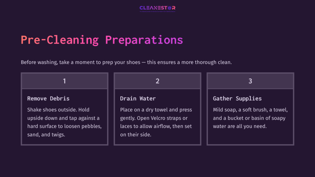 4 Pre Cleaning Preparations 1 Steps For Cleaning Water Shoes: Debris Removal, Draining Water, And Gathering Supplies, Displayed In A Clear, Organized Layout.