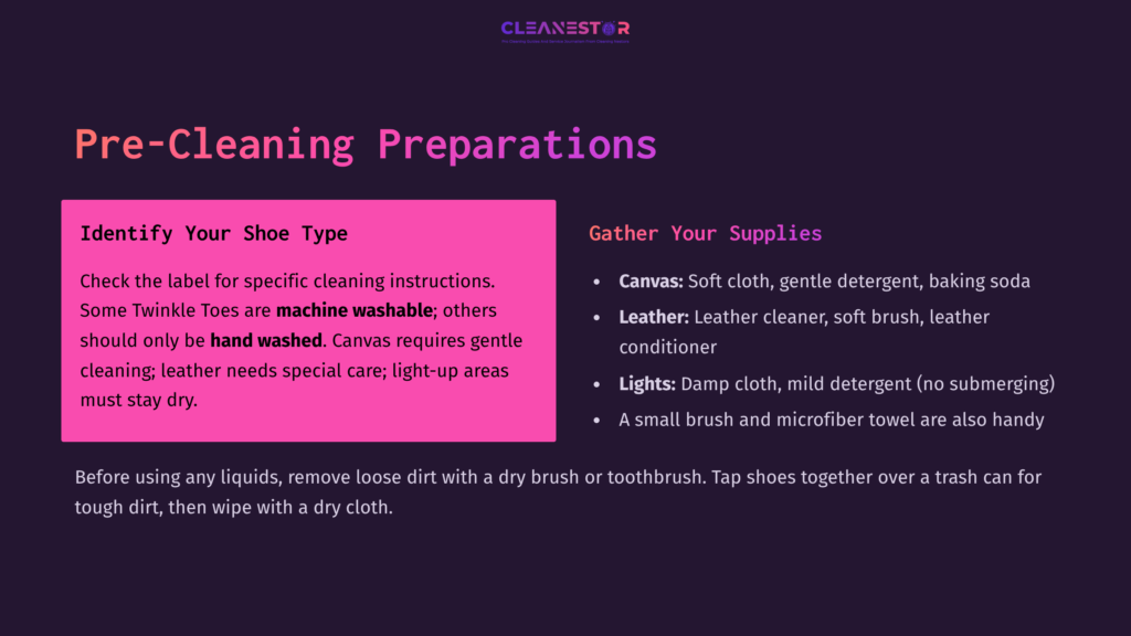 Bright Pink Box Outlining Shoe Cleaning Preparations, With Text On Identifying Shoe Type And Gathering Cleaning Supplies, Set Against A Dark Background.
