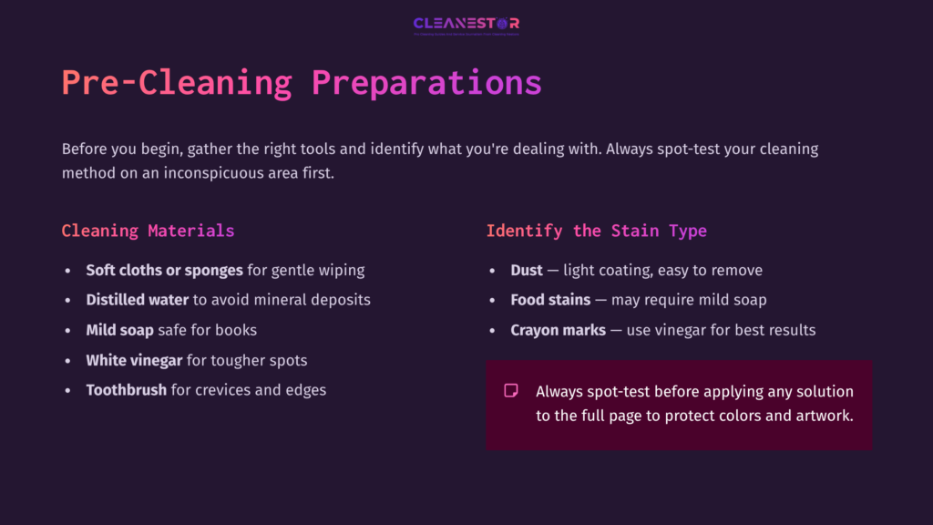 Text On A Dark Background Listing Cleaning Materials And Stain Types For Board Books, Highlighted In Purple With A Clear, Structured Layout.
