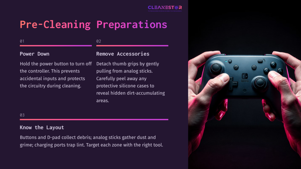 Close-Up Of A Nintendo Switch Pro Controller Against A Dark Background, Surrounded By Text Outlining Pre-Cleaning Steps, Including Power-Off And Accessory Removal.