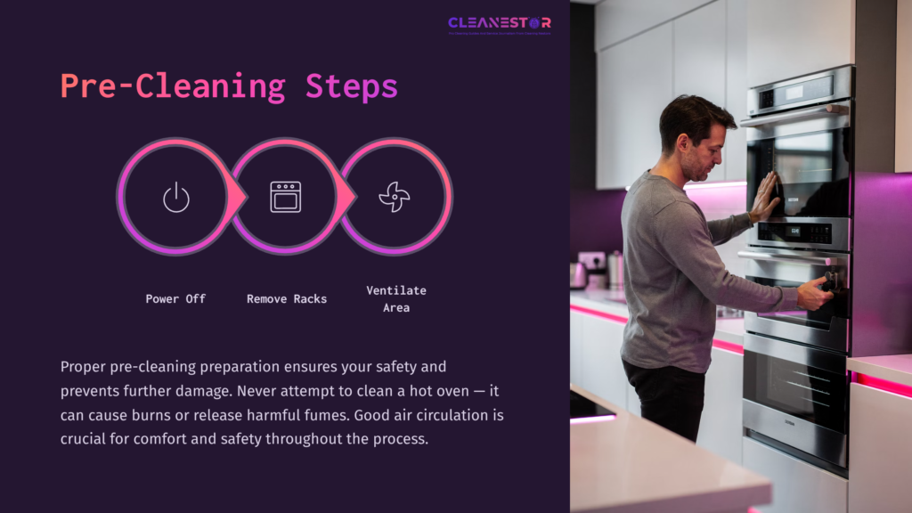 4 Pre Cleaning Steps Man Removing Oven Racks In A Modern Kitchen With A Purple And Pink Color Scheme, Emphasizing Safety And Ventilation Steps.